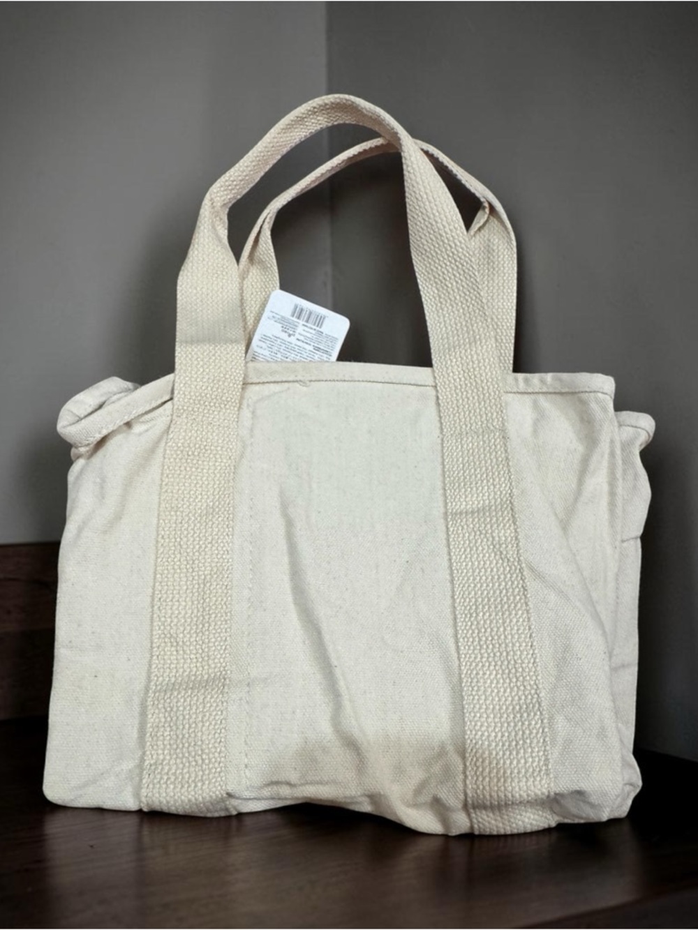 Classic Cream Canvas Mini Tote Bag with Front Pocket - Picture 2 of 11